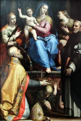 Enthroned Mary with the Blessing Child and Saints Petronius, Catherine of Alexandria, Dominic, and Apollonia